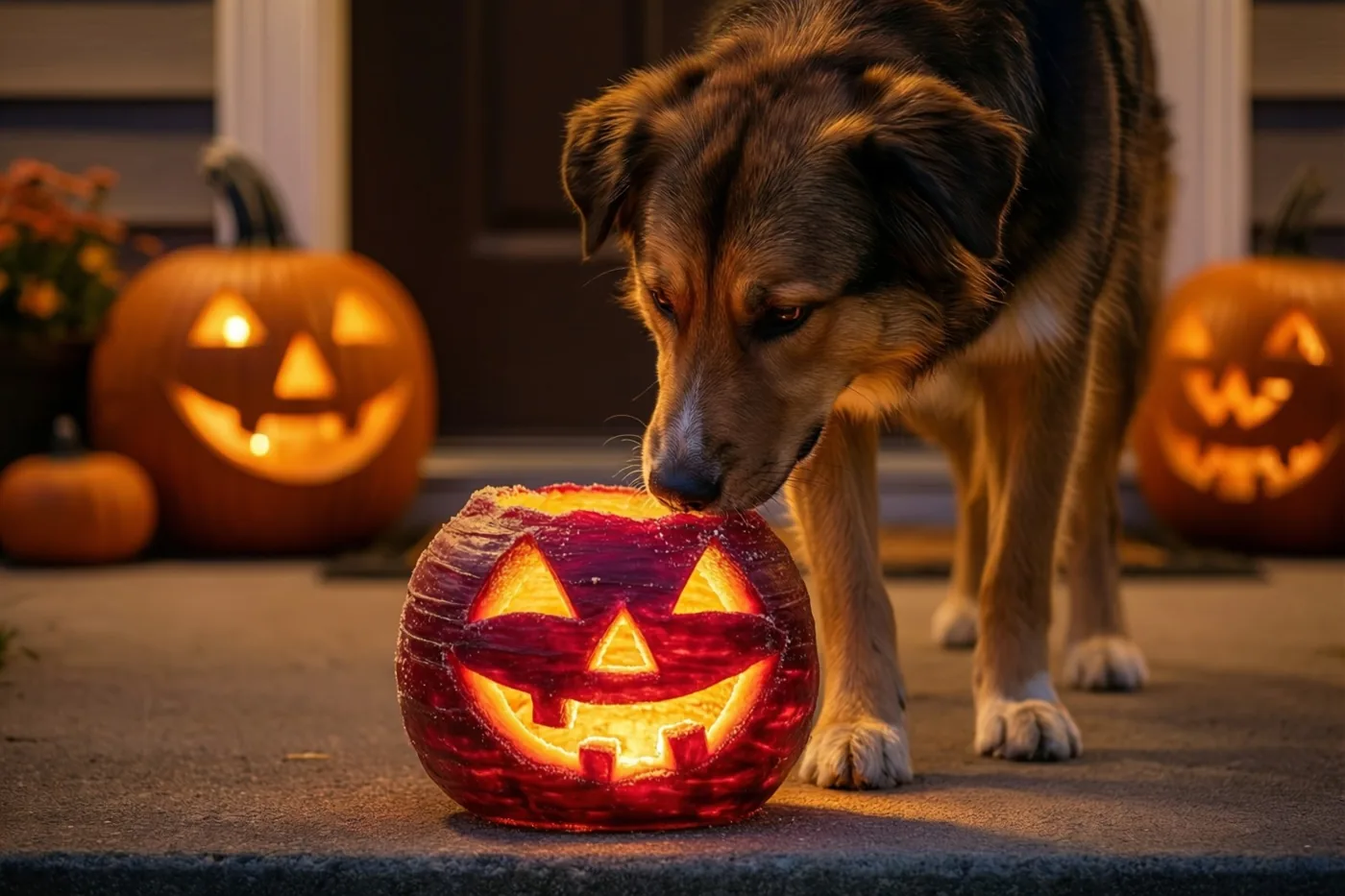Een hond snuffelt op een drempel aan een brandende lantaarn van een uitgesneden suikerbiet, met warme oranje en rode tinten in de schemering.