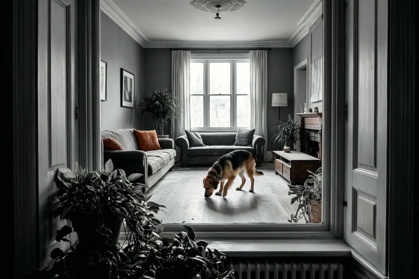Door een open deuropening is een hond te zien die aan de houten vloer snuffelt in een lege woonkamer met grijze muren, een groot raam en één oranje kussen.