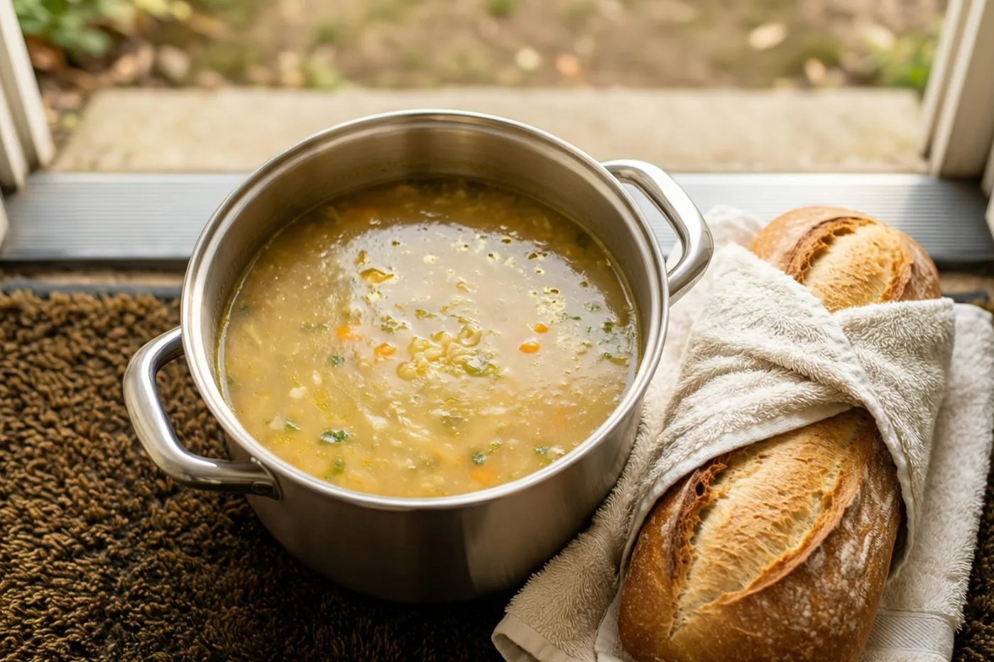 Een roestvrijstalen pot met groentesoep en een brood met een krokante korst in een beige keukenhanddoek staan op een bruine deurmat bij een drempel.