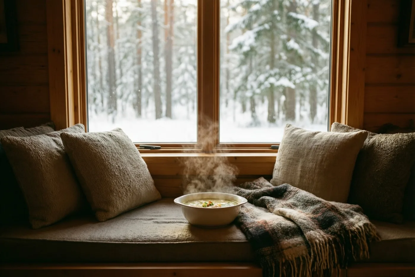 Een dampende kom soep staat op het zitkussen van een houten vensterbank tussen kussens en een geruite deken, met uitzicht op een besneeuwd bos.