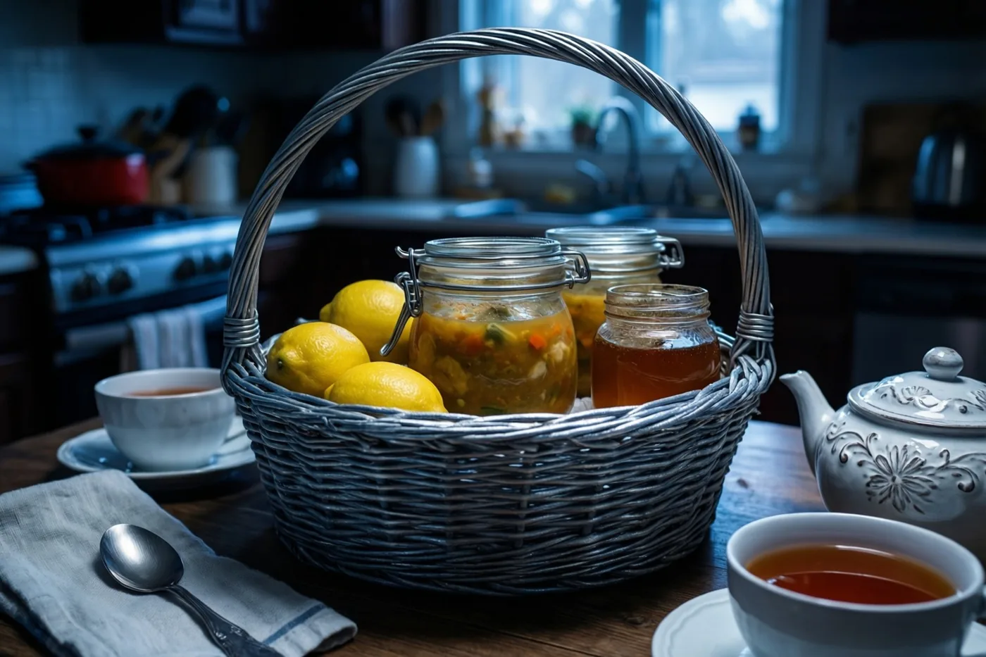Een rieten mand met citroenen en potten soep en honing staat naast koppen thee en een theepot op een houten tafel in een schemerige keuken met koele blauwtinten.