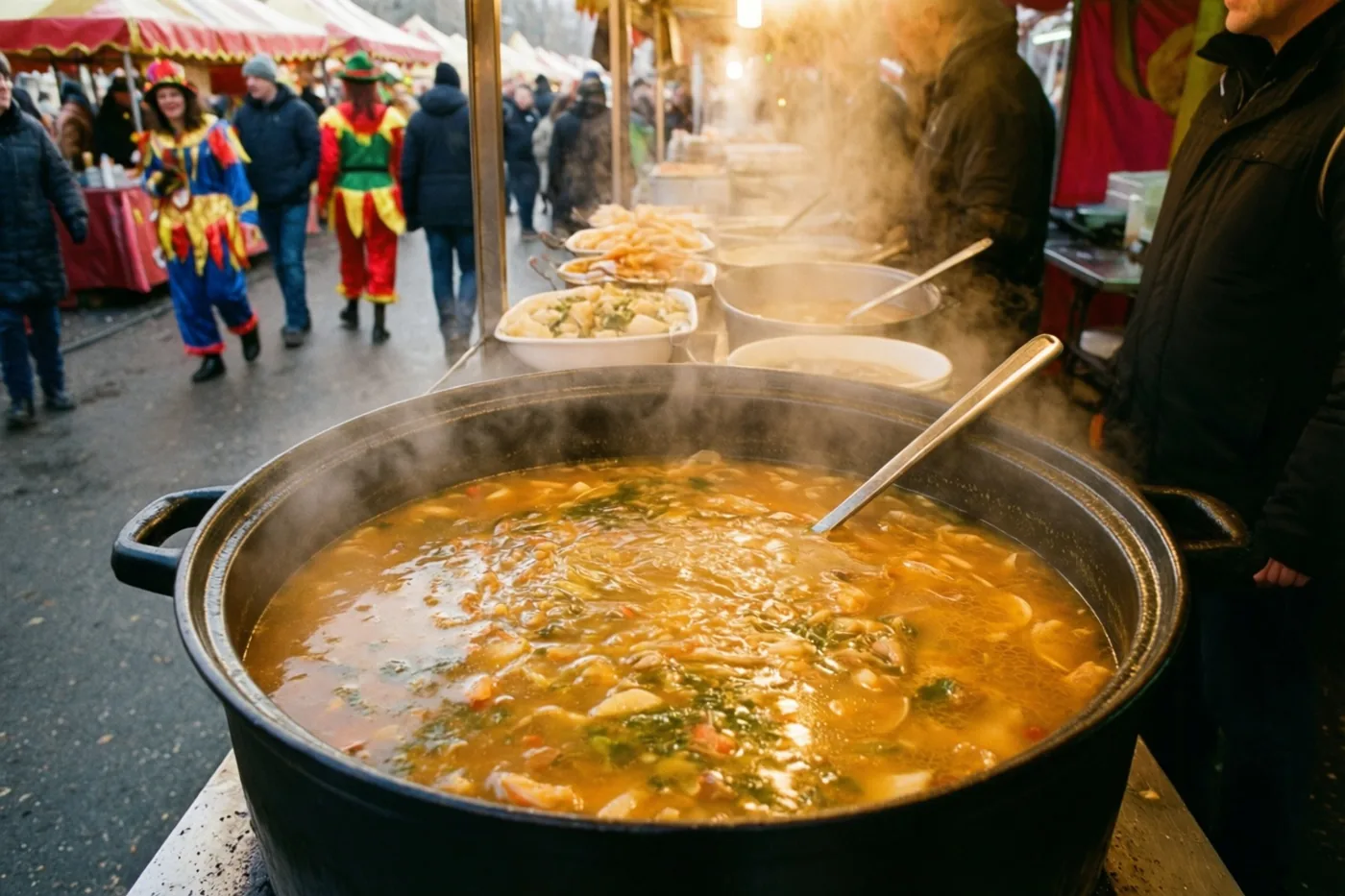 Een grote dampende pot soep staat aan een straatkraam met verklede mensen op de achtergrond, in aardetinten en felle kostuumkleuren.