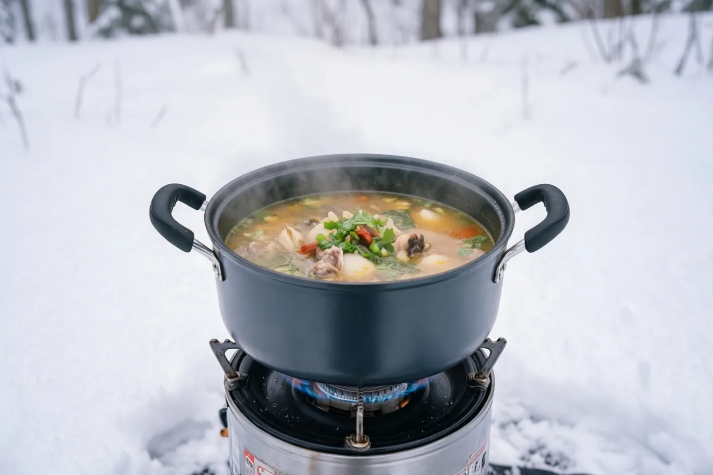 Een donkergrijze pot dampende soep staat op een campingvuurtje met een blauwe vlam in de sneeuw.