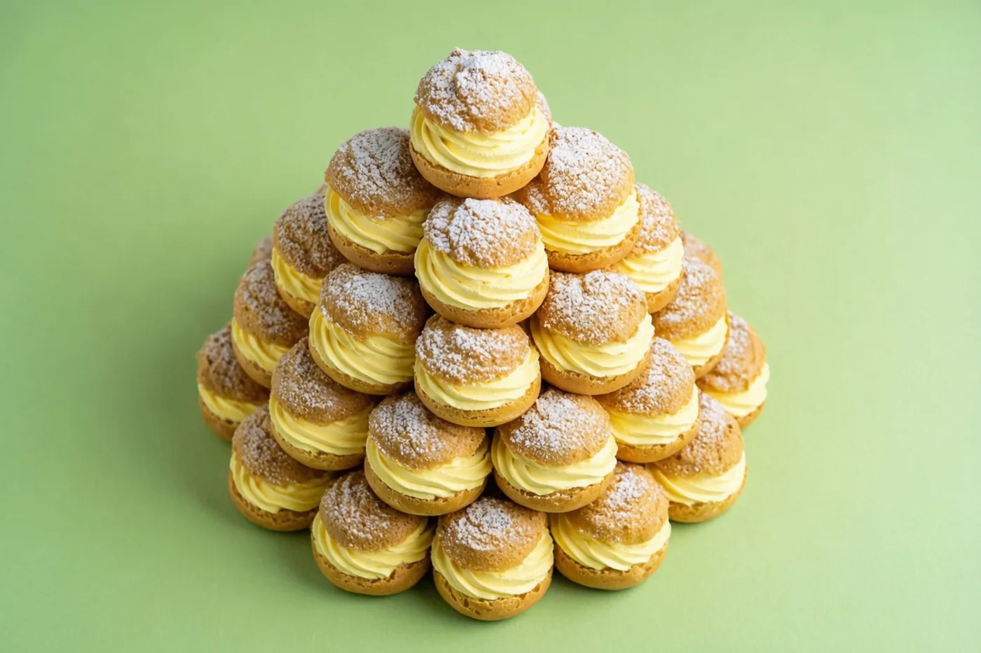 Een piramide van soesjes met gele room en poedersuiker staat centraal tegen een effen groene achtergrond.