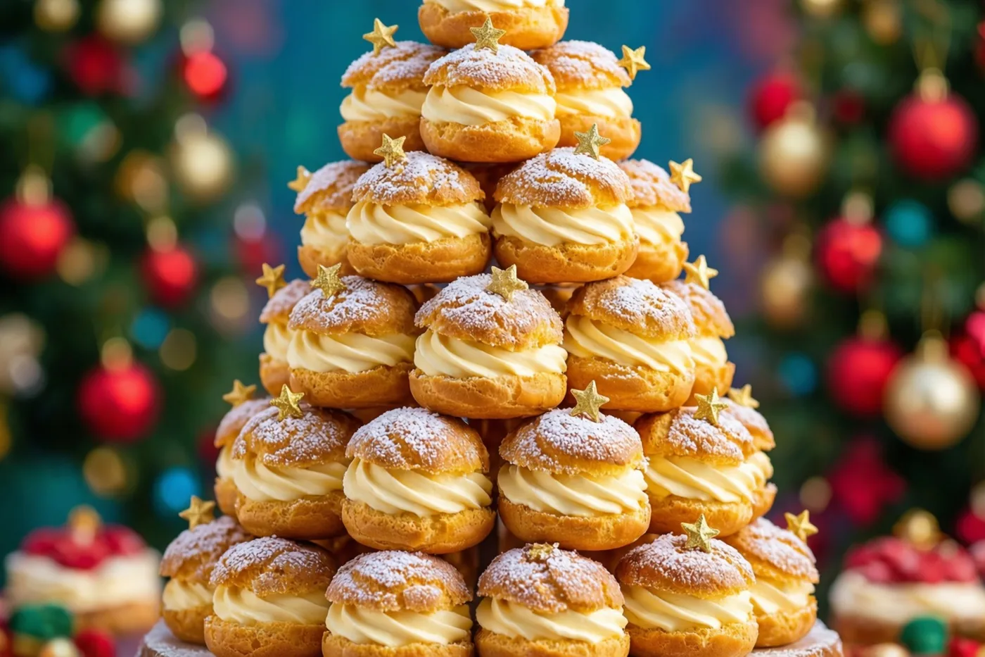 Een hoge toren van roomsoesjes in de vorm van een kerstboom is bestrooid met poedersuiker en versierd met gouden sterretjes, met een onscherpe kerstboom vol kleurrijke versiering op de achtergrond.
