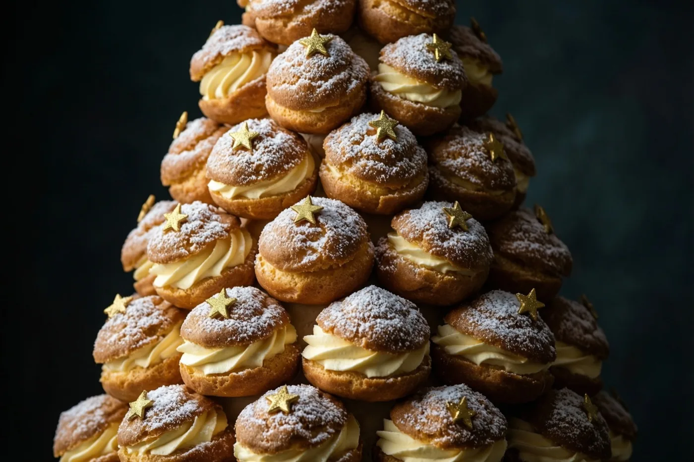 Een hoge piramidevormige toren van roomsoesjes lijkt op een kerstboom, met poedersuiker en kleine gouden sterren tegen een donkere achtergrond met structuur.