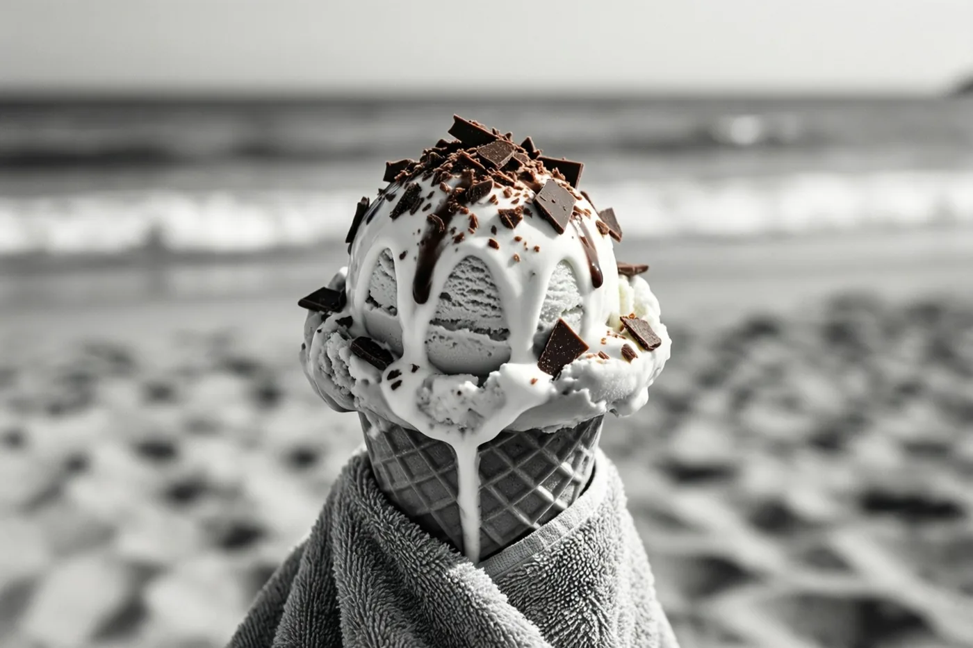 Een softijshoorntje met chocoladeschilfers en saus zit in een handdoek gewikkeld, met een onscherp strand op de achtergrond in zwart-wit.