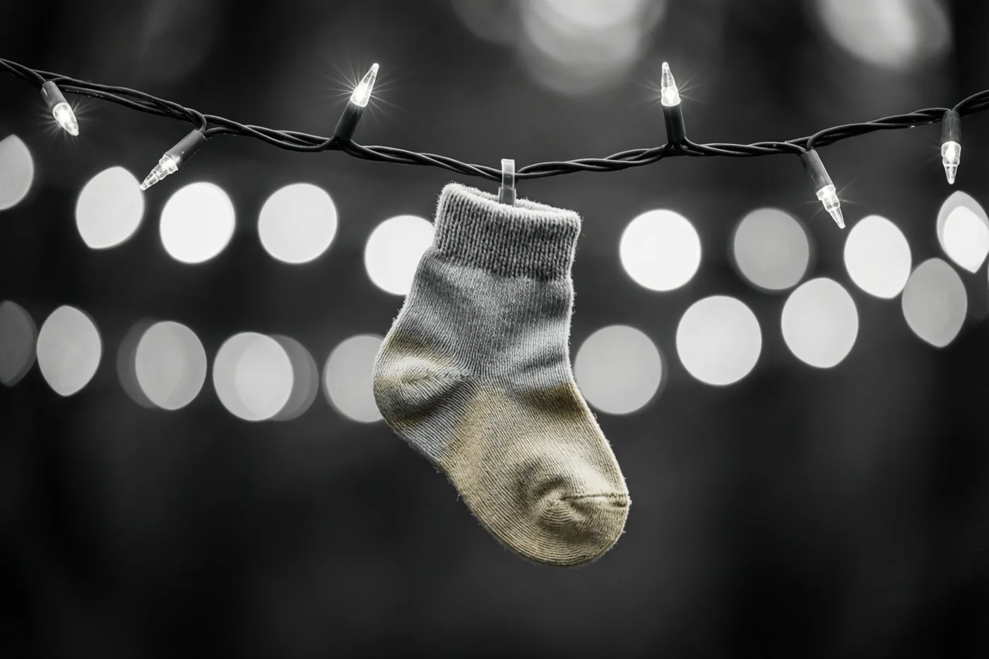 Een gedragen babysokje hangt aan een brandend lichtsnoer voor een donkere achtergrond met wazige lichtcirkels op een zwart-witfoto.