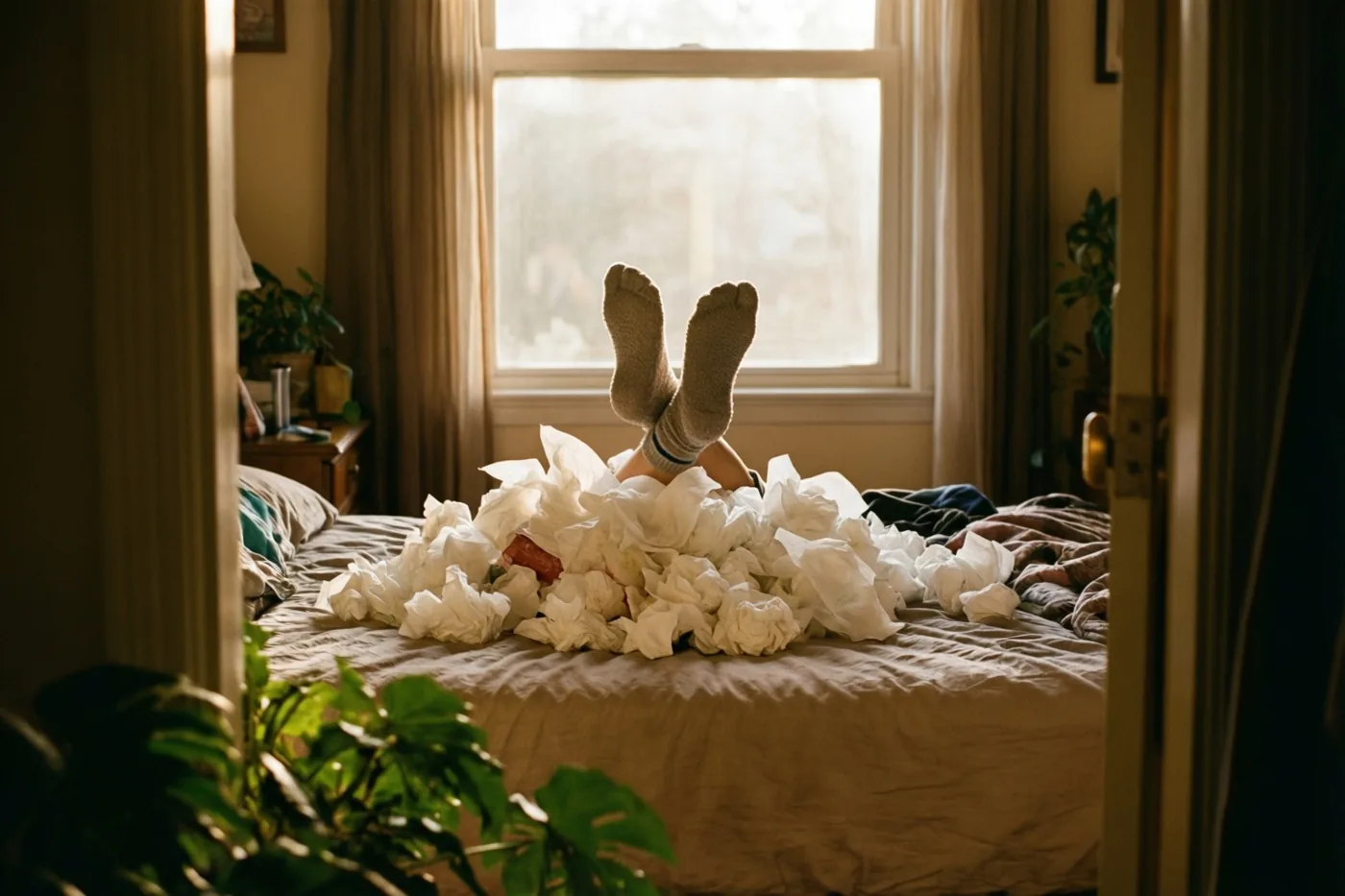 Door een deuropening zijn voeten in pluizige sokken te zien boven een grote berg verfrommelde witte zakdoekjes op een bed, in een warm verlichte slaapkamer met een raam en kamerplanten.