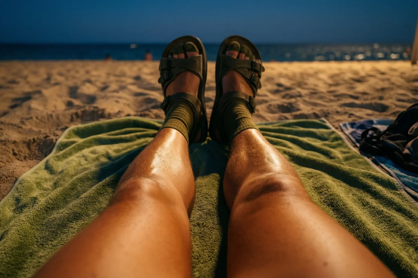 Verbrande benen met sokken en sandalen rusten op een groene handdoek op het strand, in warm avondlicht met een donkerblauwe zee en lucht op de achtergrond.