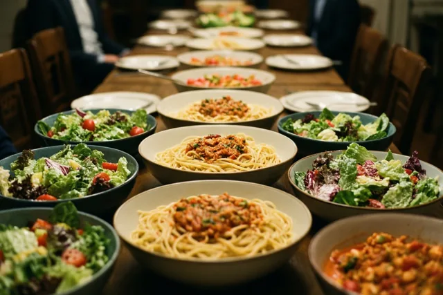 Op een lange houten tafel staan afwisselend kommen spaghetti met vleessaus en verse groene salades in warm licht.