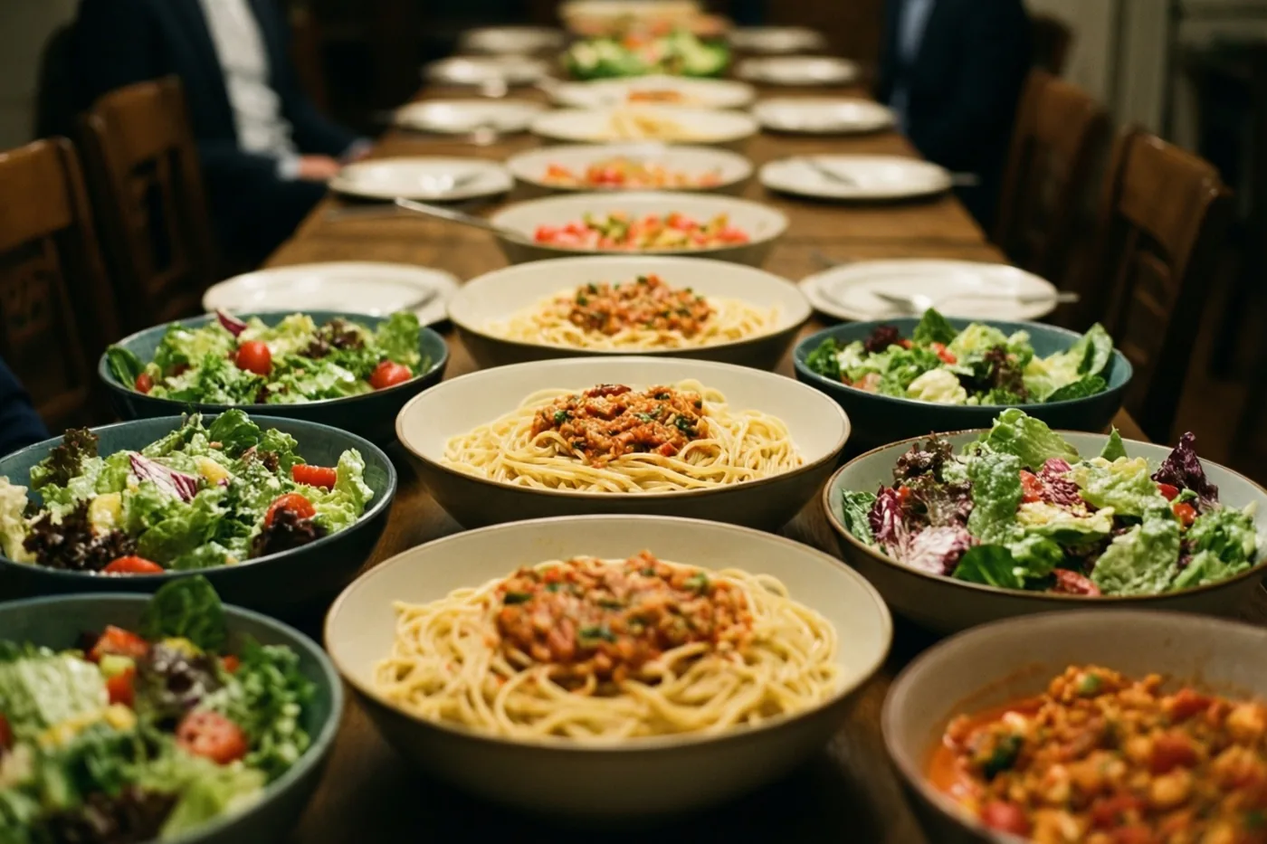 Op een lange houten tafel staan afwisselend kommen spaghetti met vleessaus en verse groene salades in warm licht.