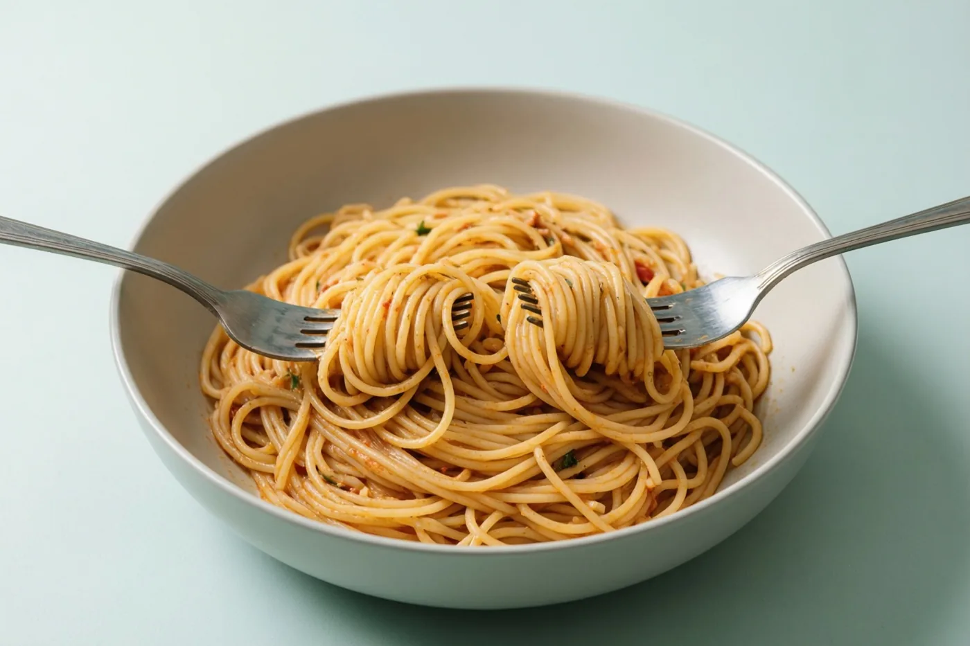 Twee zilveren vorken draaien van tegenovergestelde kanten spaghetti op uit een grote witte kom tegen een lichtblauwe achtergrond.