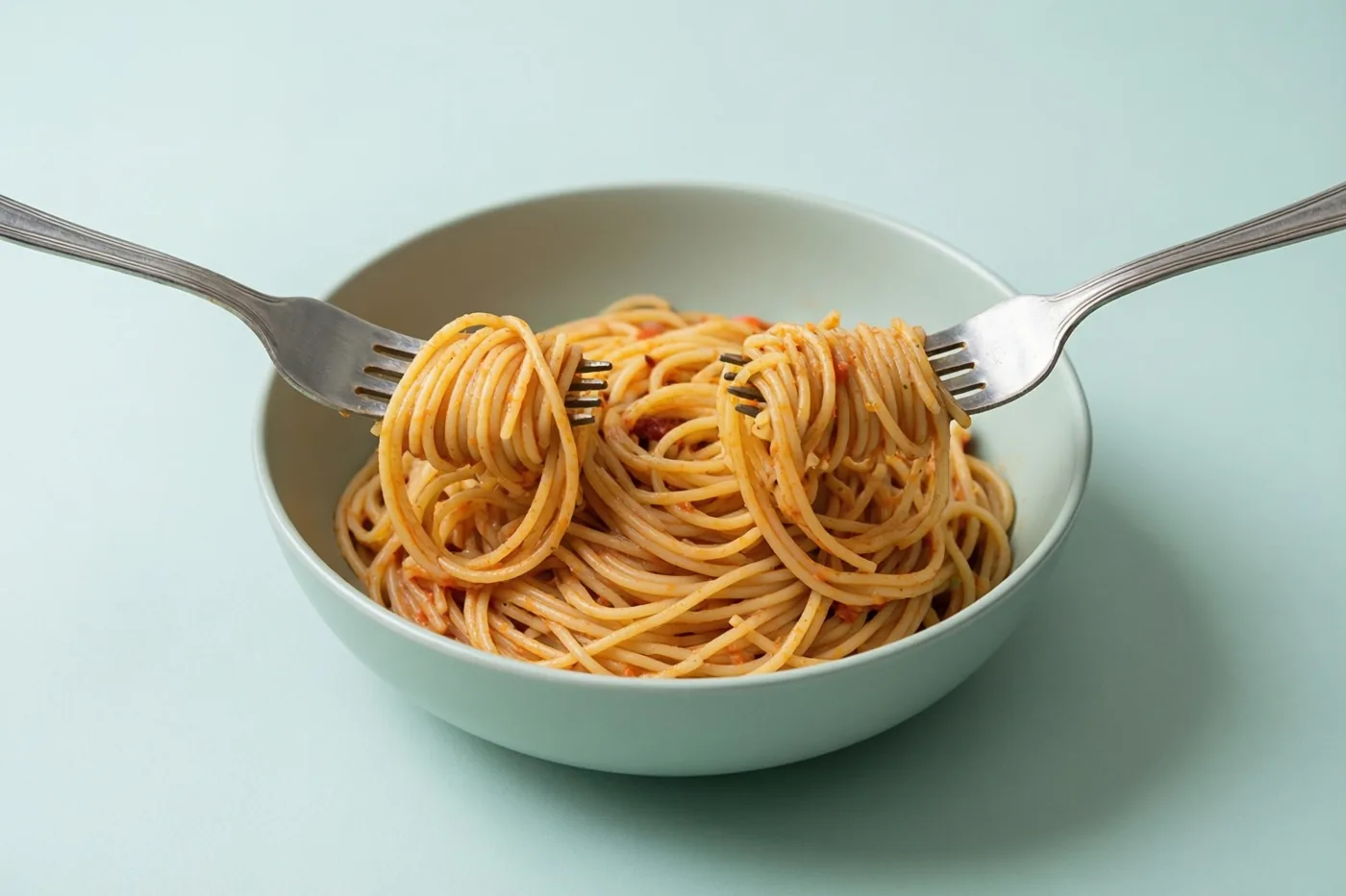 Twee zilveren vorken draaien spaghetti op uit een lichtblauwe kom tegen een effen lichtblauwe achtergrond.
