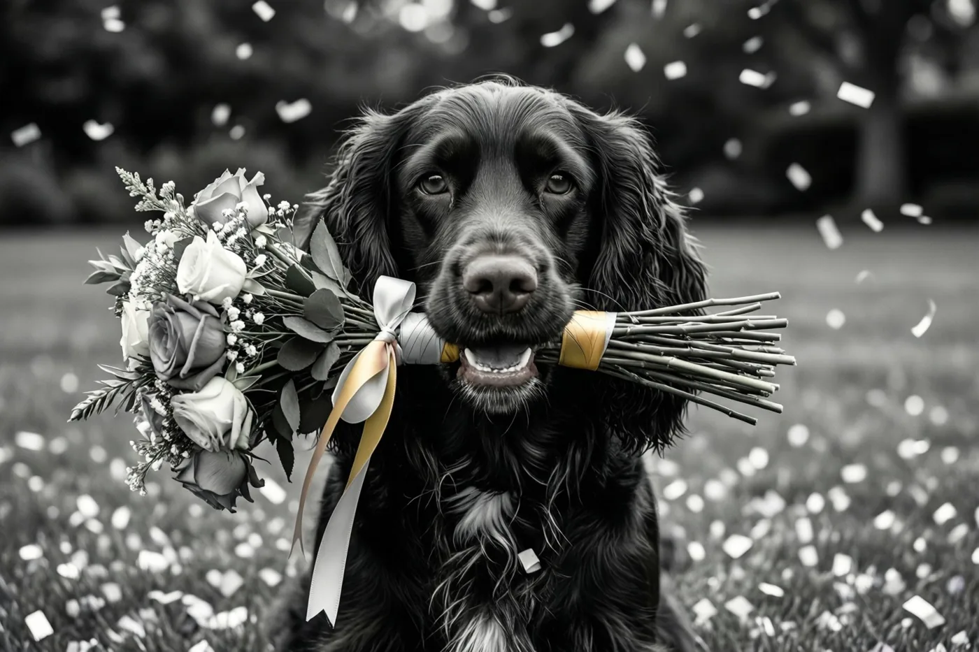 Een zwarte spaniel houdt een boeket met een lint in zijn bek op een gazon met confetti, in een grotendeels zwart-wit beeld waarin het lint en de confetti kleur hebben.