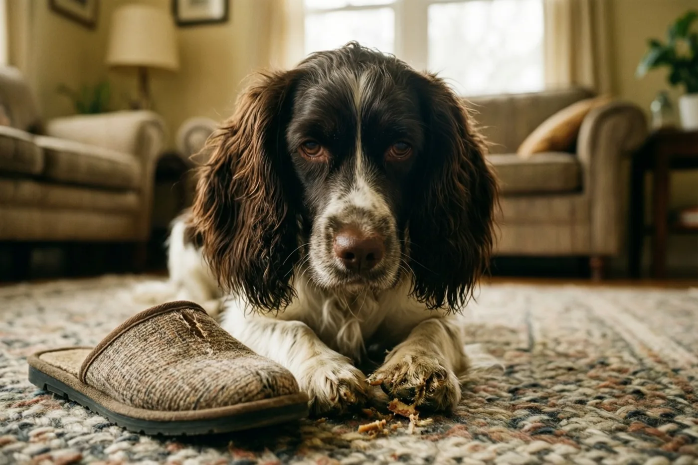 Een bruin-witte spaniel met hangende oren ligt naast een aangeknaagde pantoffel op een wollen tapijt met een patroon, in een warm verlichte woonkamer met beige meubels.