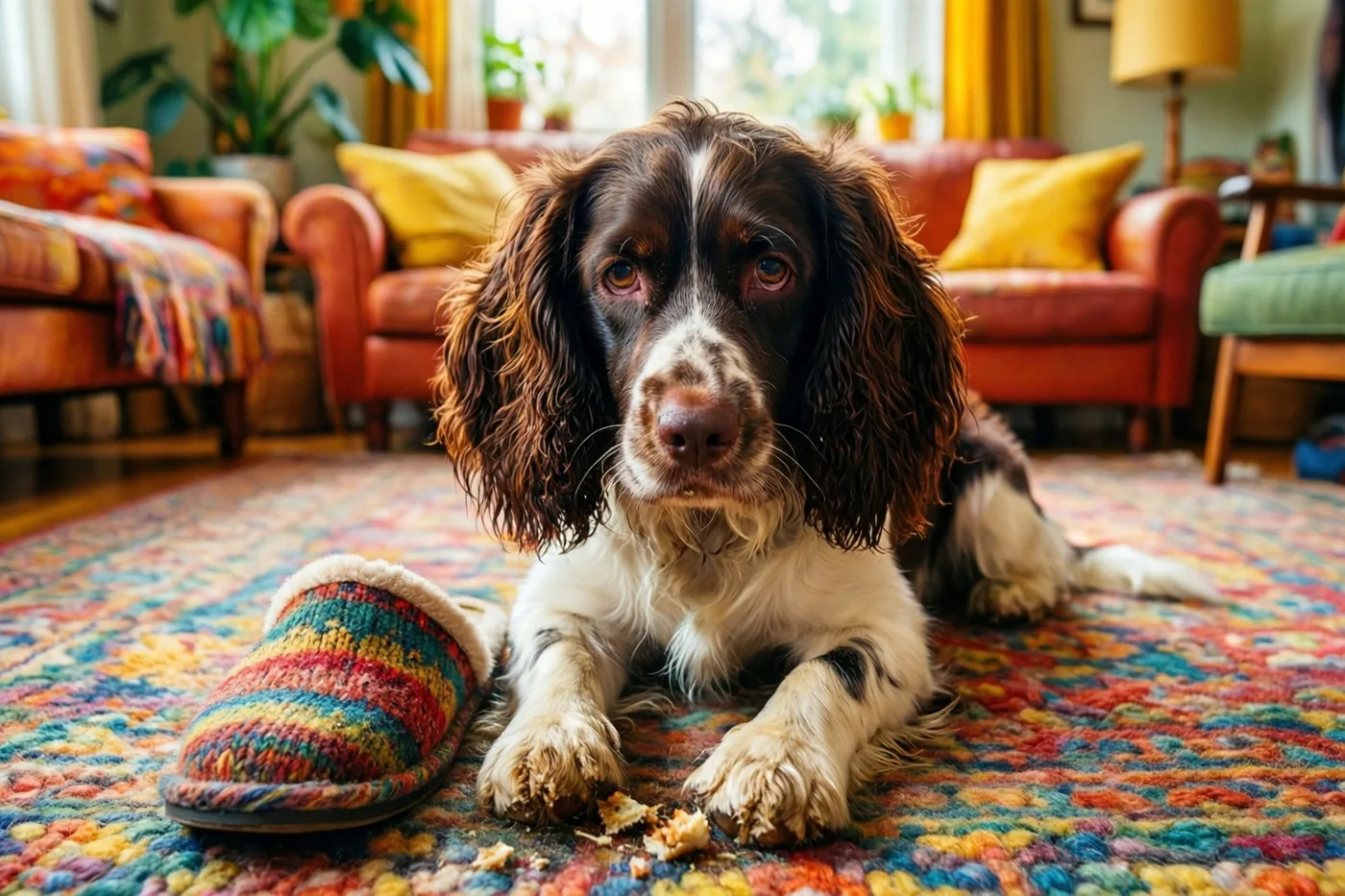 Een bruin-witte spaniel ligt naast een aangeknaagde veelkleurige pantoffel op een kleurrijk wollen tapijt, in een zonnige woonkamer met rode zetels en gele kussens.