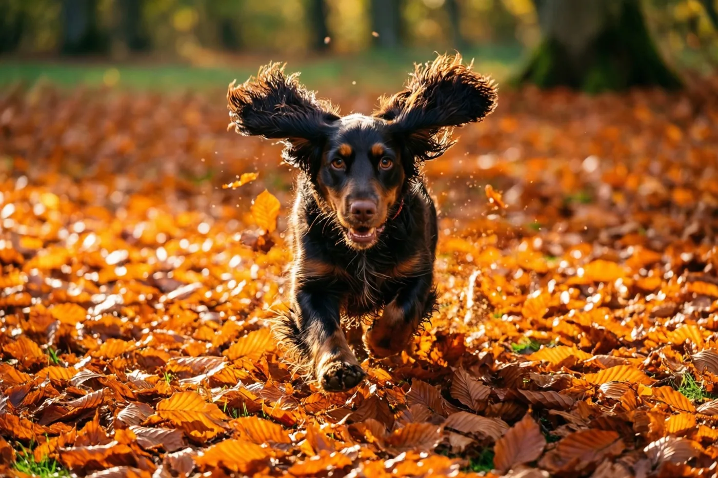 Een zwarte spaniël met bruine aftekeningen rent door een dikke laag oranje beukenbladeren in een bos met warm, laag herfstzonlicht.