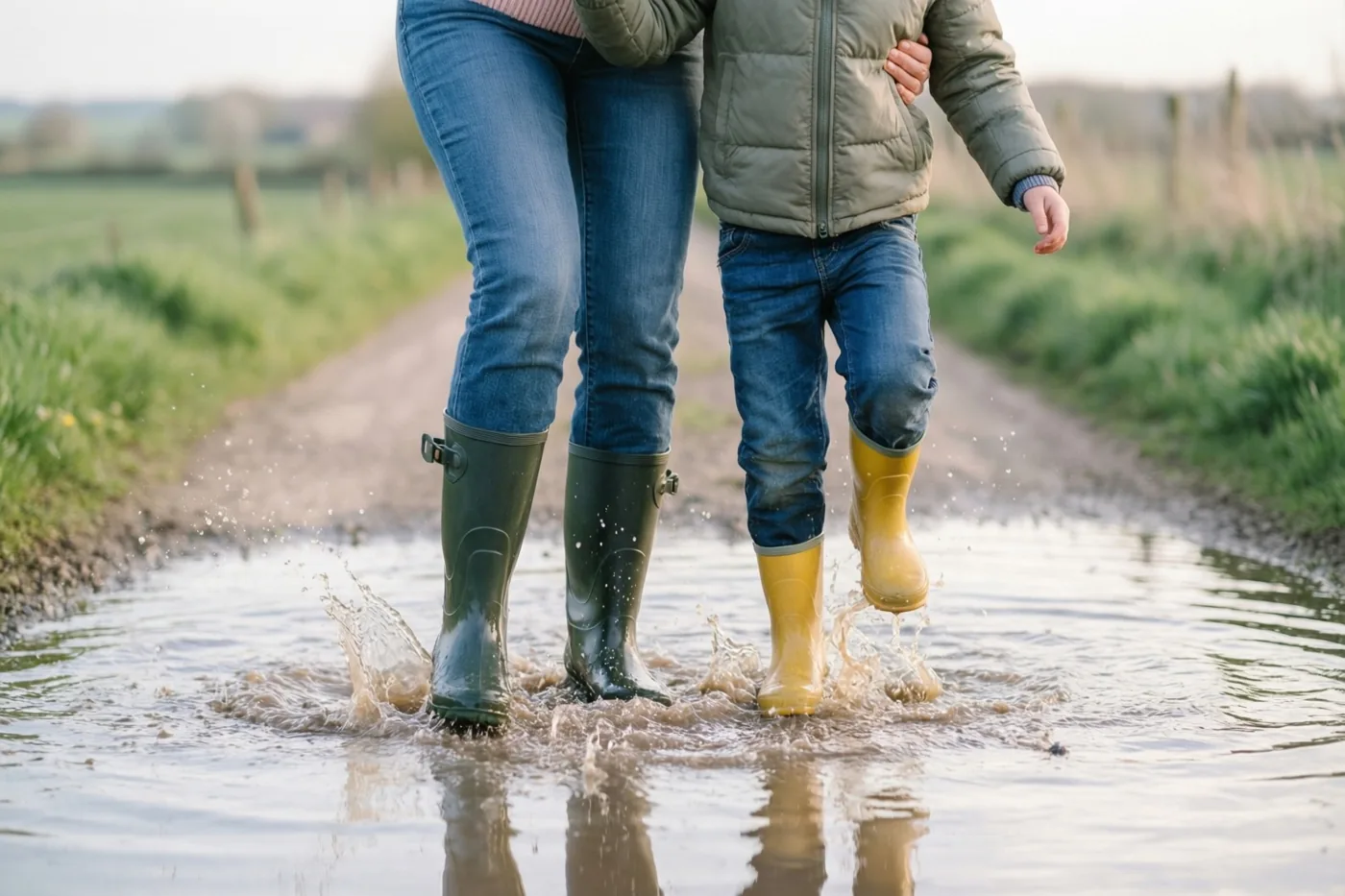 Een moeder en kind lopen in rubberlaarzen door een modderplas op een landweg in een groen open veld onder zacht daglicht.