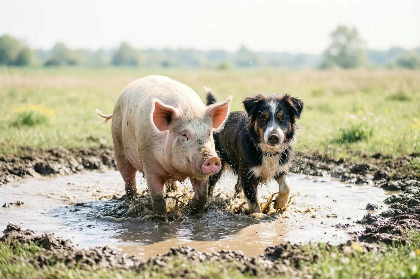 Een varken en een hond spatten samen in een modderplas in een grasveld bij helder daglicht.