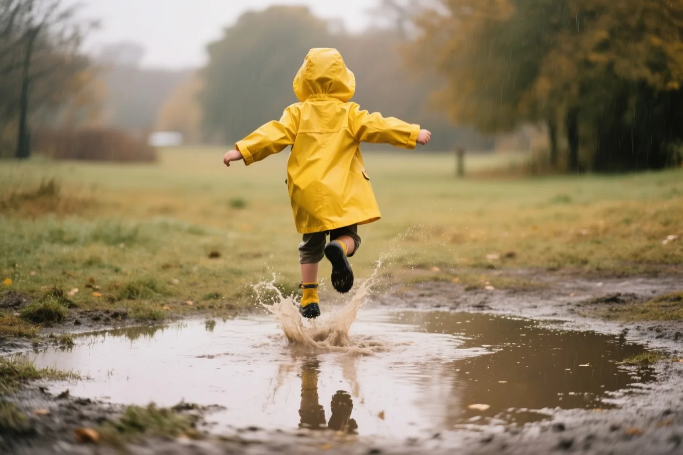 Een kind in een felgele regenjas springt spattend in een modderplas in een veld onder een bewolkte regenlucht, met herfstbomen op de achtergrond.