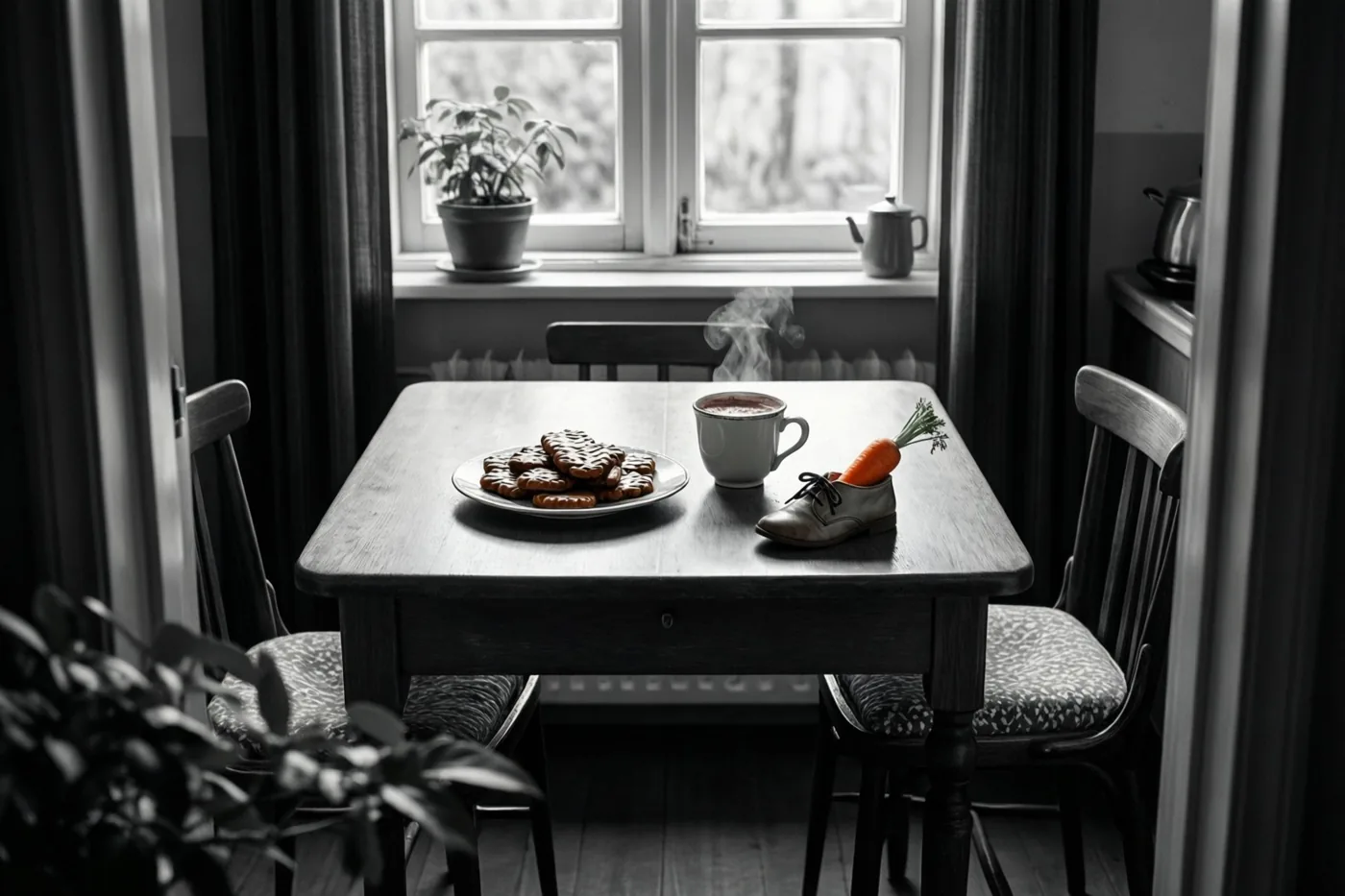 Een zwart-witfoto toont een houten keukentafel met speculaas, een dampende mok chocolademelk en een kinderschoen met een wortel, in een jarenzestigkeuken met donkere gordijnen.
