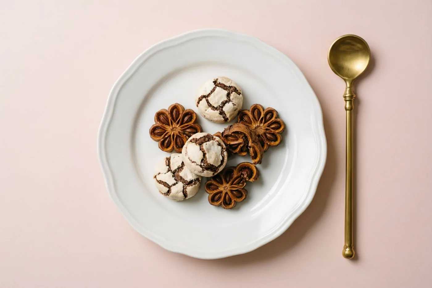 Een wit porseleinen bord met speculaas en marsepeinkoekjes staat tegen een zachtroze achtergrond, met een gouden lepel ernaast.