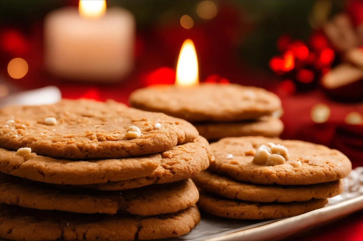 Op een feestelijk gedekte tafel staat een bord met stapeltjes ronde, goudbruine speculaasjes en witte stukjes marsepein, met warm kaarslicht en onscherpe rode versieringen op de achtergrond.