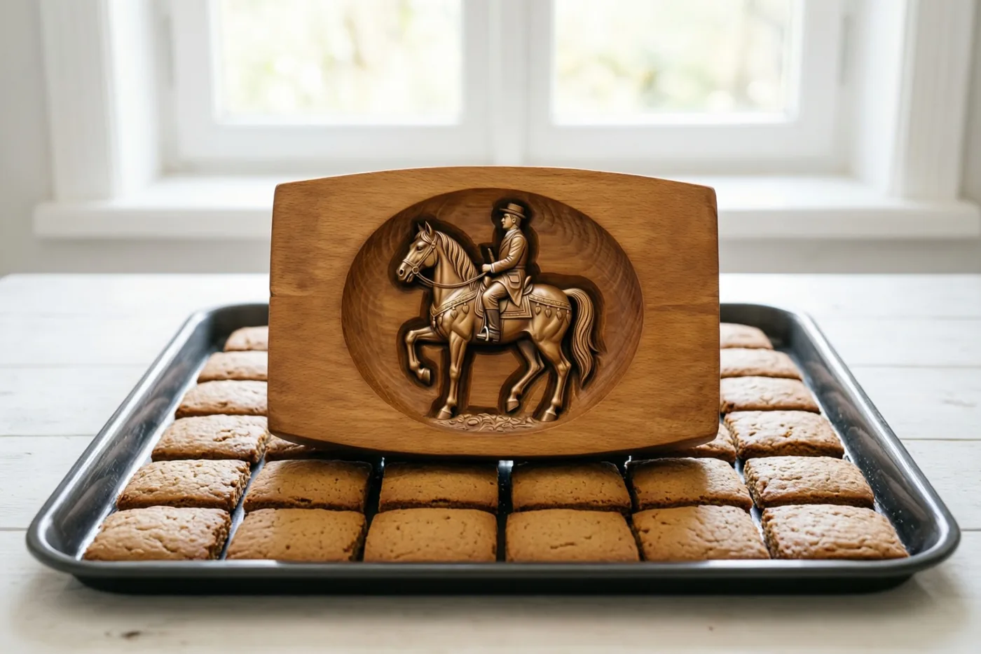 Rechthoekige speculaaskoeken liggen netjes op een metalen bakplaat, met in het midden een rechtopstaand houten snijwerk van een paard en ruiter en een raam op de achtergrond.