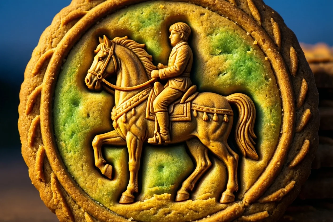 Een rond speculaaskoekje met een paard en ruiter in reliëf heeft een goudbruine rand en een groengeel midden tegen een onscherpe blauwe achtergrond.