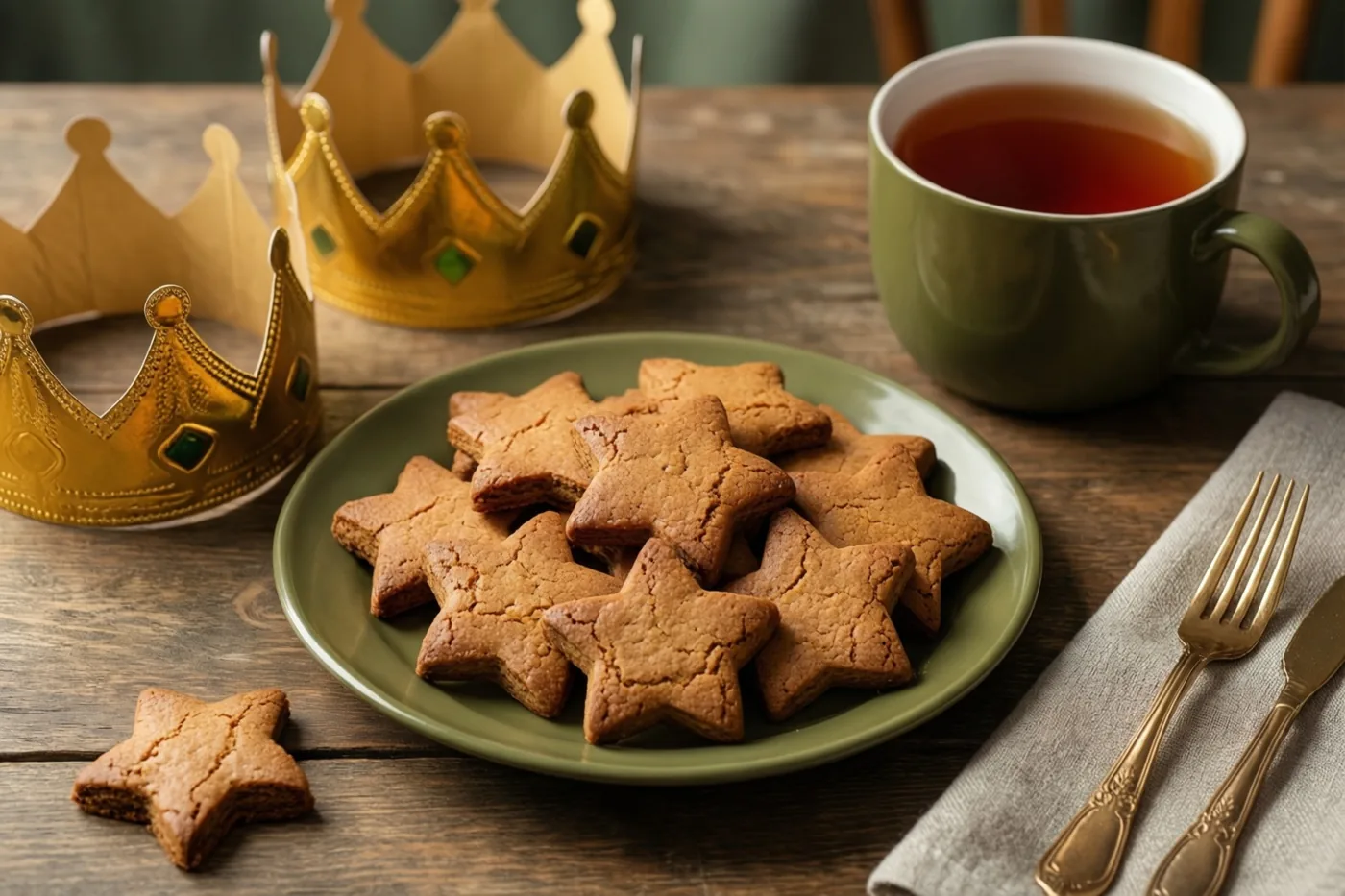 Een groen bord met stervormige speculaas staat op een rustieke houten tafel naast een groene mok thee en drie goudkleurige papieren kronen, in warm licht.