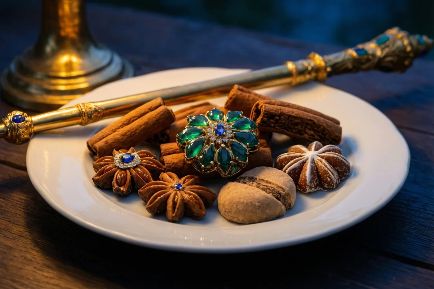 Een wit porseleinen bord met stervormige speculaasjes, marsepein en kaneelstokjes staat naast een sierlijke gouden staf op donker hout, met een gouden lampvoet op de achtergrond.