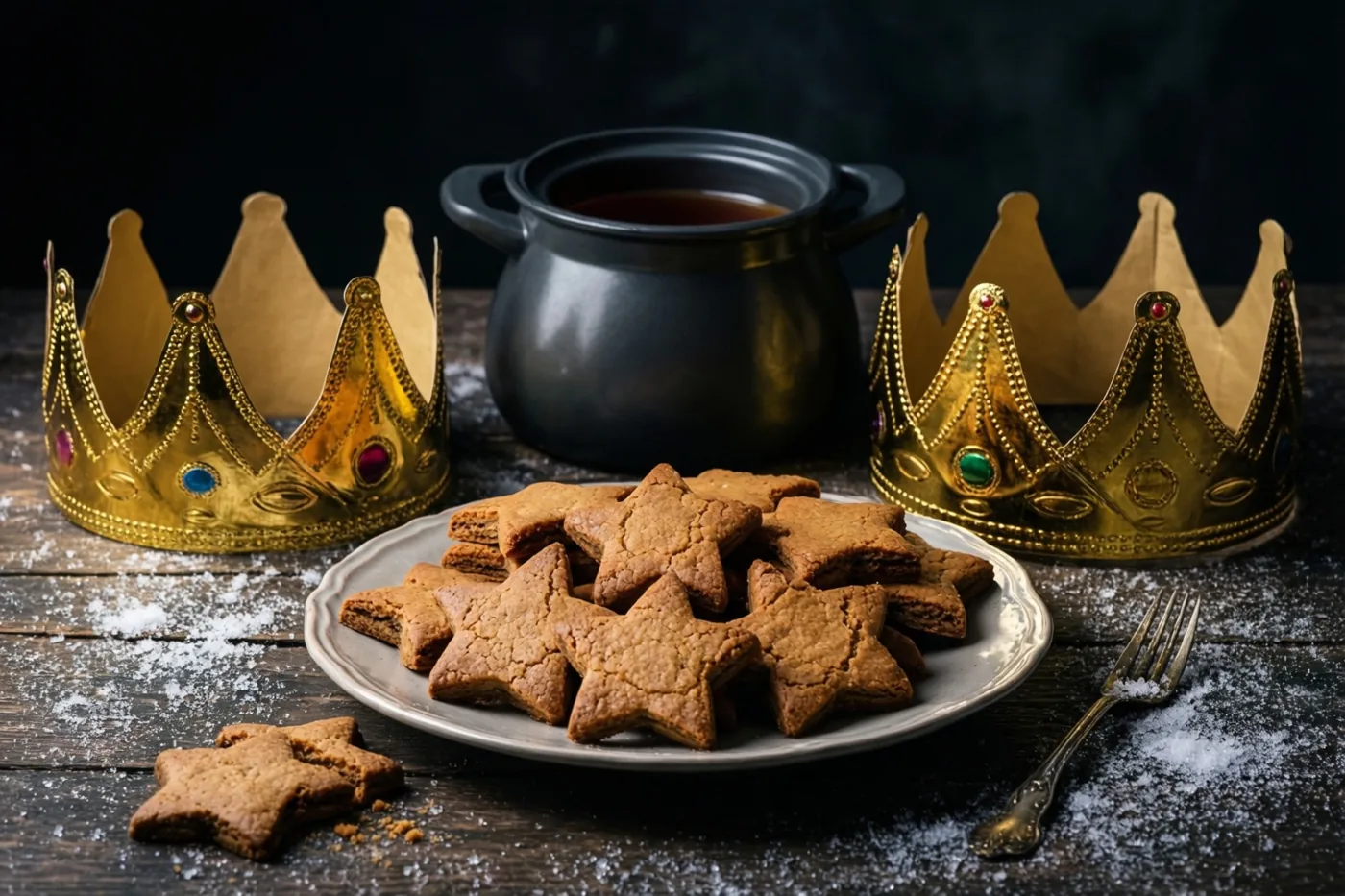 Een bord stervormige speculaas staat op een met bloemsuiker bestoven donkere houten tafel naast een zwarte theepot en drie goudkleurige papieren kronen, in warm licht tegen een donkere achtergrond.