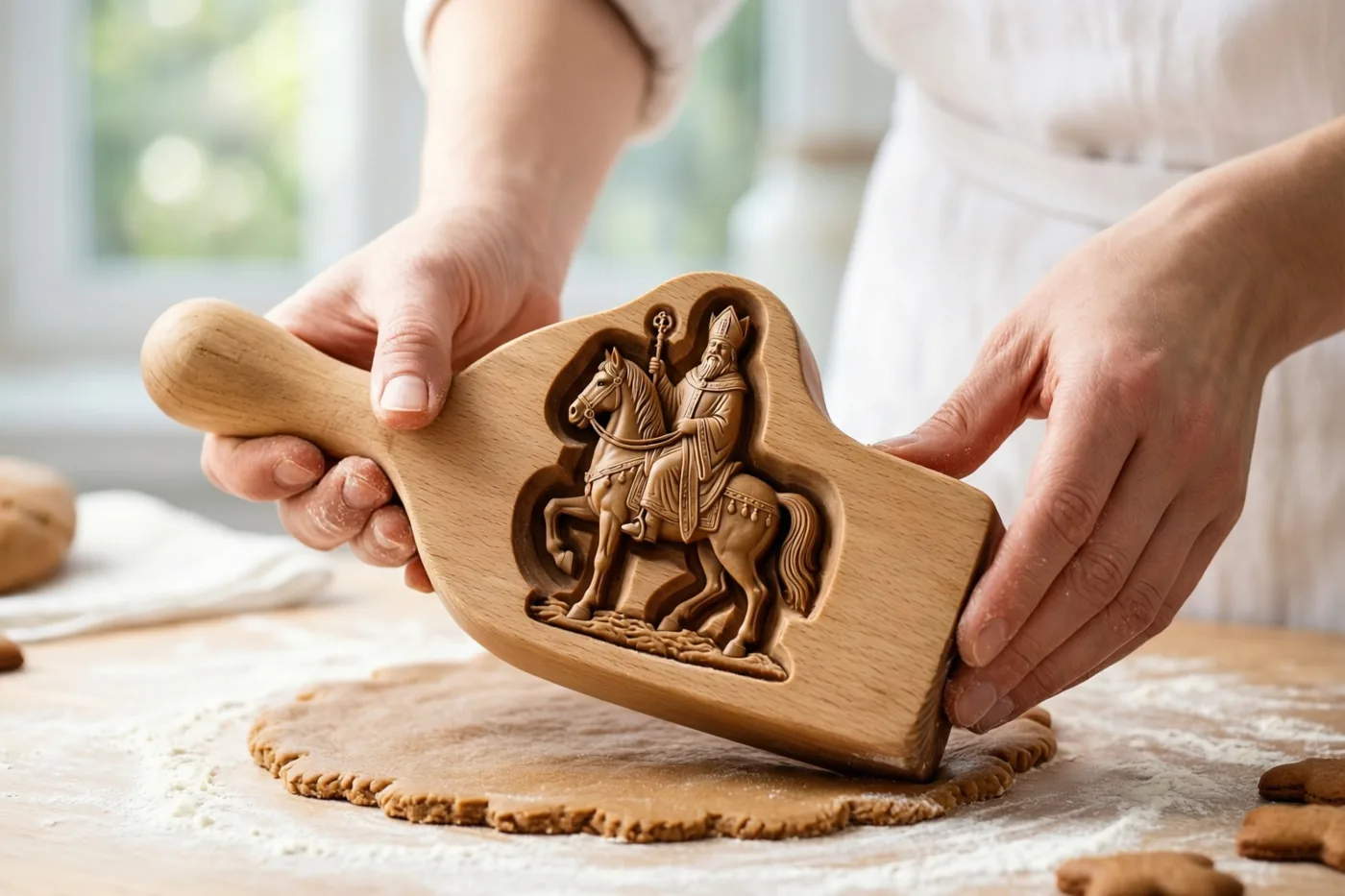 Handen drukken een fijn uitgesneden houten vorm van een bisschop te paard in speculaasdeeg op een bebloemde houten tafel, met raamlicht op de achtergrond.