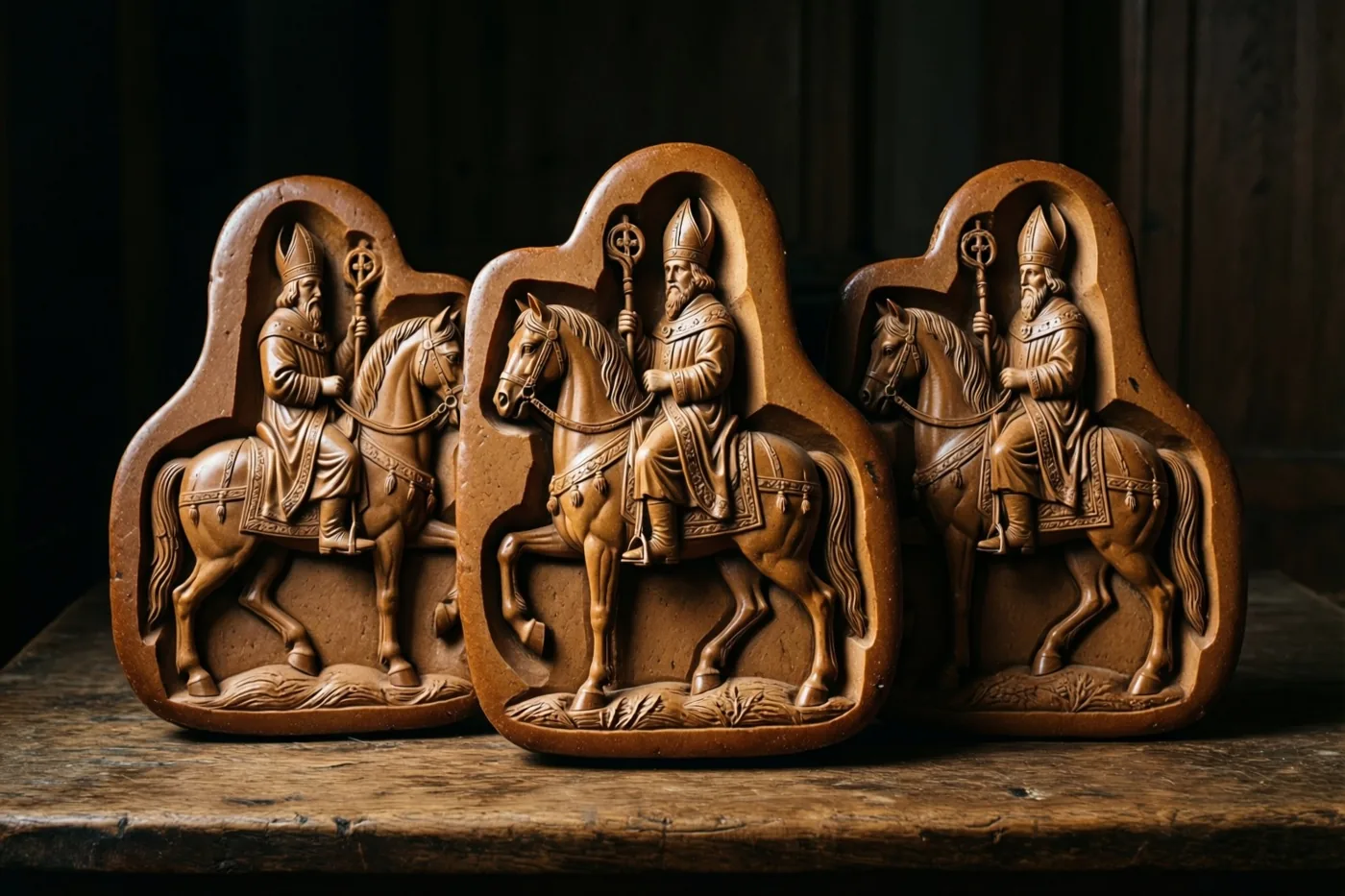 Drie antieke gesneden speculaasvormen met telkens een bisschop te paard staan op een rustiek houten werkblad in warme aardse bruintinten.