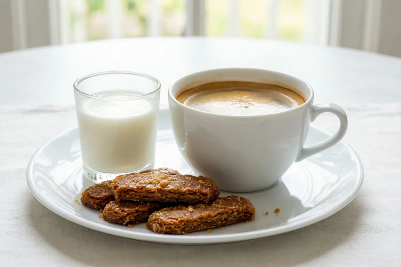 Een wit bord met een grote witte kop koffie, een klein glas melk en gebroken speculooskoekjes staat op een wit tafelkleed bij een raam.