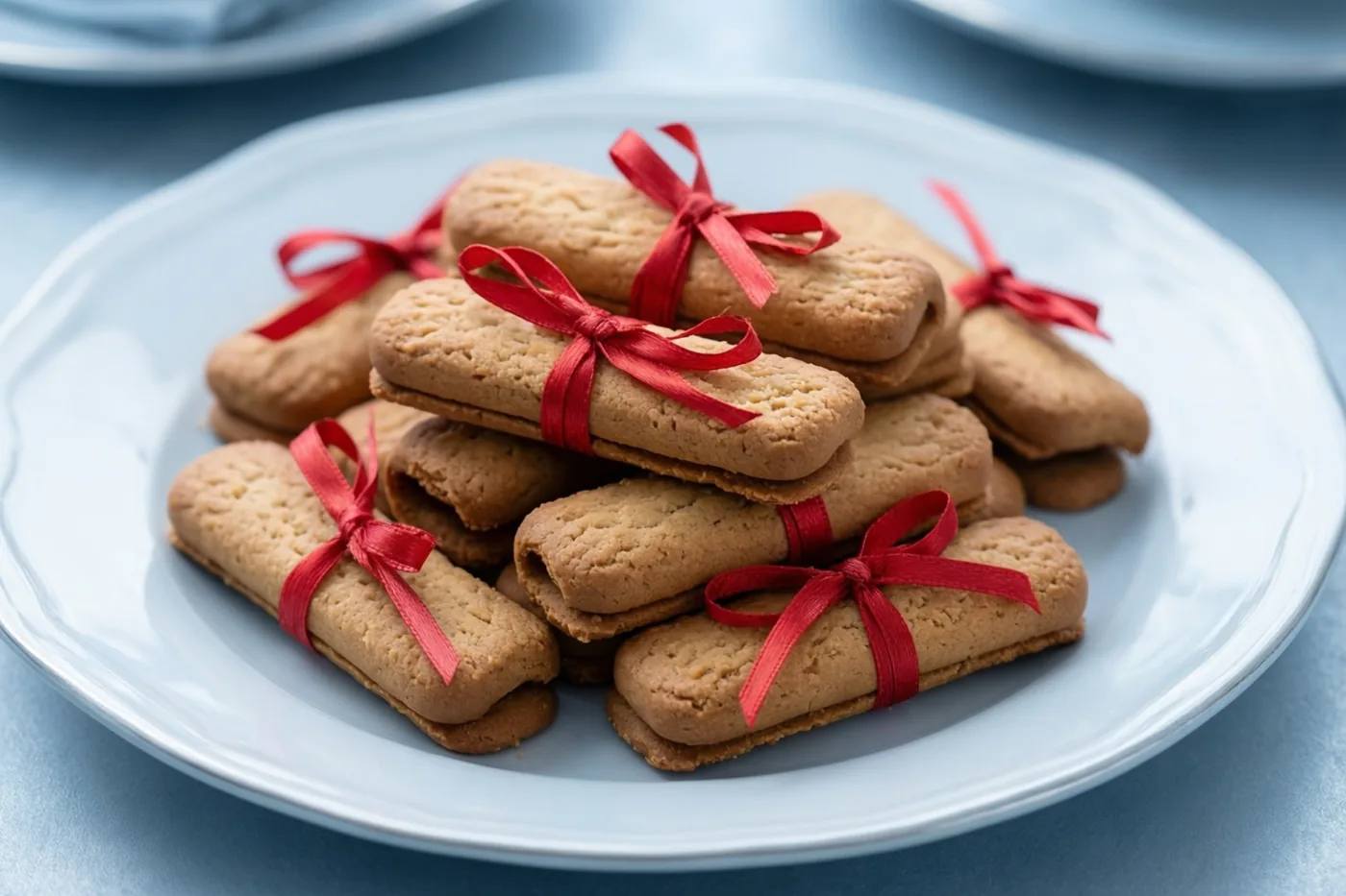 Op een wit bord op een blauw oppervlak liggen stapeltjes goudbruine speculooskoekjes, elk met een rood lintje.