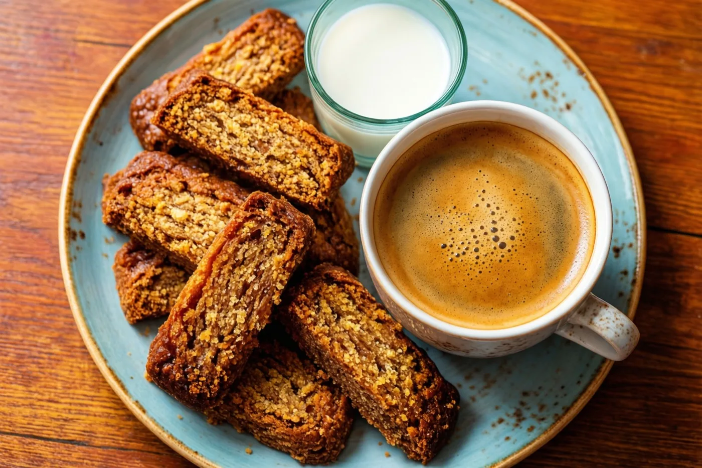 Op een lichtblauw keramieken bord staan een witte mok koffie met een schuimlaagje, een klein glas melk en goudbruine speculooskoekjes op een houten oppervlak.