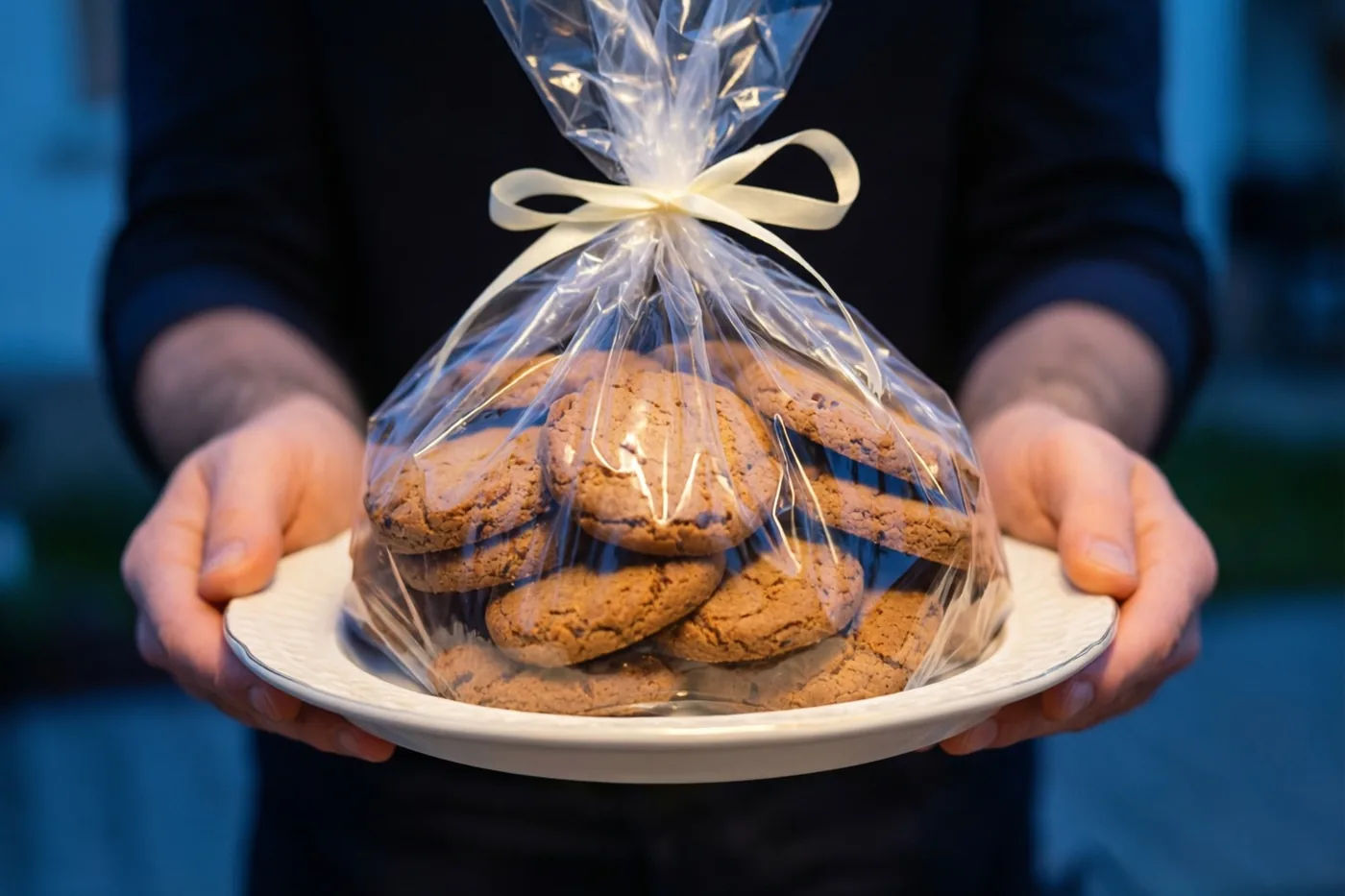 Iemand reikt een wit bord aan met een doorzichtig zakje zelfgebakken speculoos en een roomkleurig lint tegen een zachte blauwe achtergrond in warm licht.