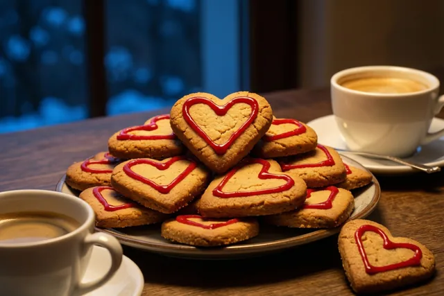 Een stapel hartvormige speculooskoekjes met rood glazuur ligt op een bord naast twee koppen koffie op een houten tafel, met een blauwgetint raam op de achtergrond.