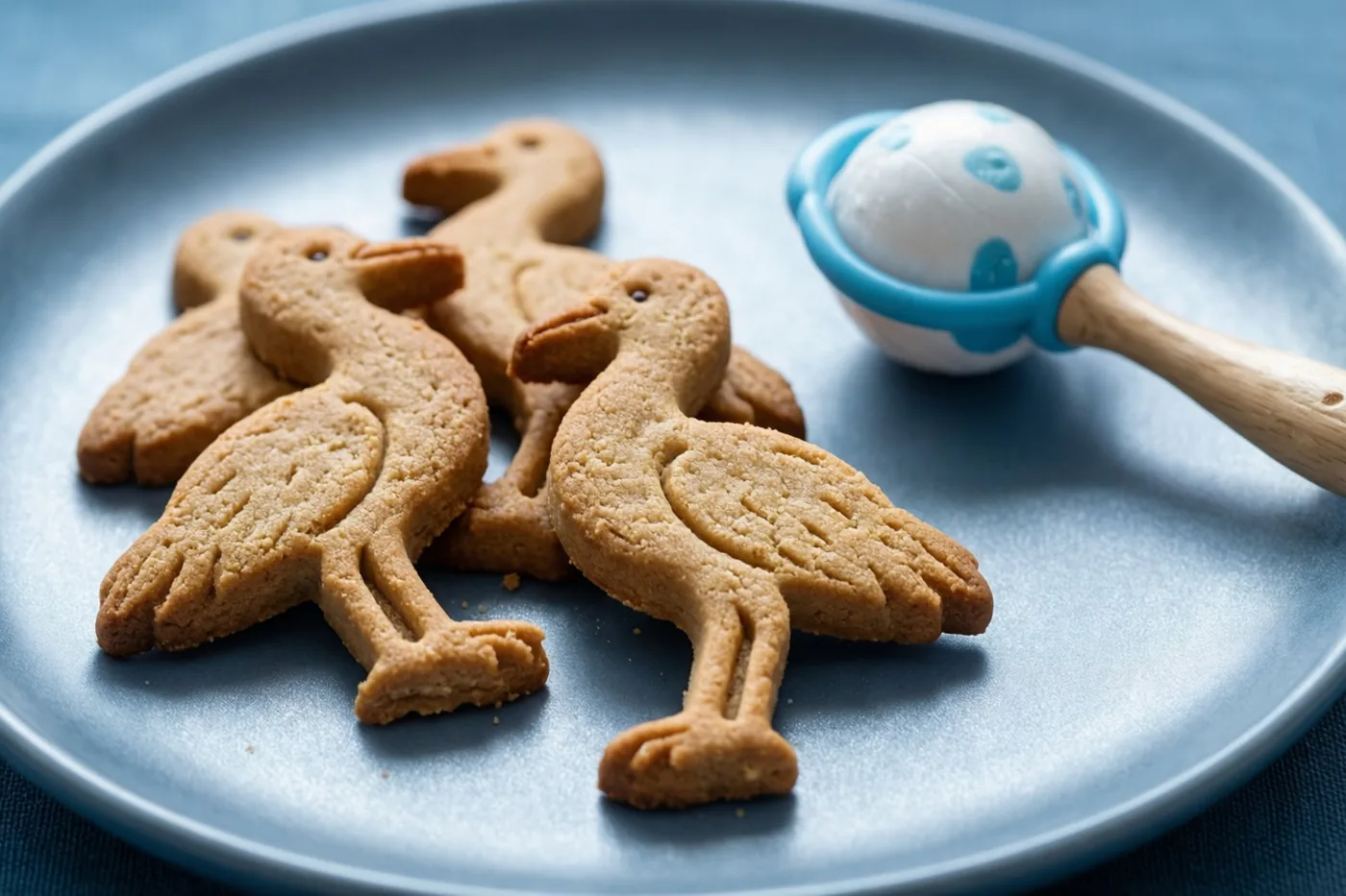 Goudbruine speculooskoekjes in ooievaarsvorm liggen op een matblauw bord naast een rammelaar met een blauw handvat en een witte bal met blauwe stippen, tegen een zachtblauwe achtergrond.