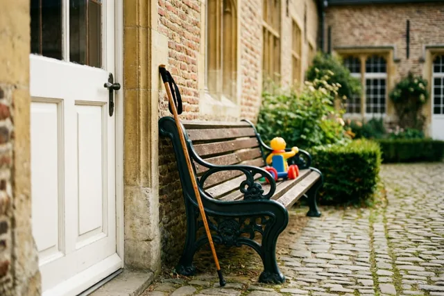 Een houten bank met sierlijk zwart metaalwerk staat naast een witte deur op een binnenplaats met kasseien, met een wandelstok ertegen, kinderspeelgoed erop en groen en historische gebouwen op de achtergrond.