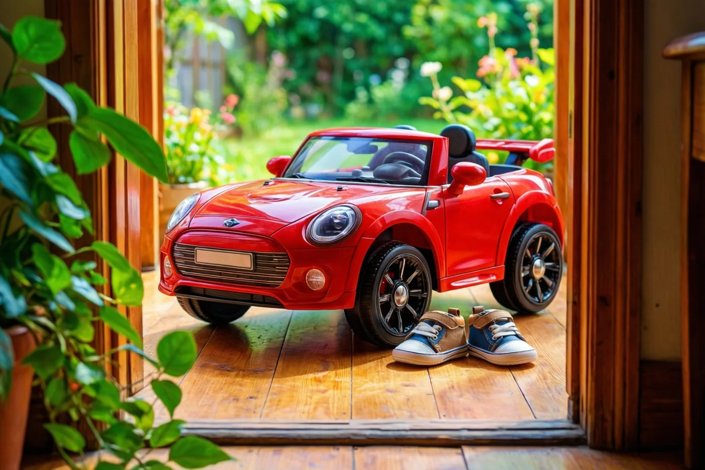Een rode speelgoedauto en kleine babyschoentjes staan op een houten vloer in een deuropening, met groen buiten en een potplant op de voorgrond.
