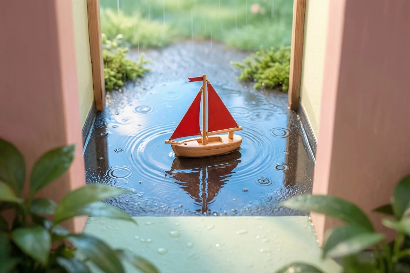 Een klein houten speelgoedbootje met een rood zeil drijft in de regen op een plas, gezien door een deur- of raamkozijn met groen op de achtergrond.