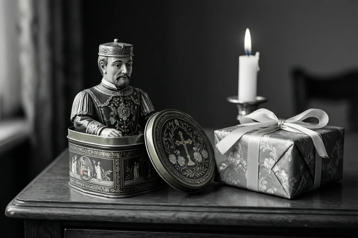 Een oud blikken speelgoedfiguurtje staat naast een ingepakt geschenk en een brandende communiekaars op een donkerhouten dressoir in een monochroom beeld.