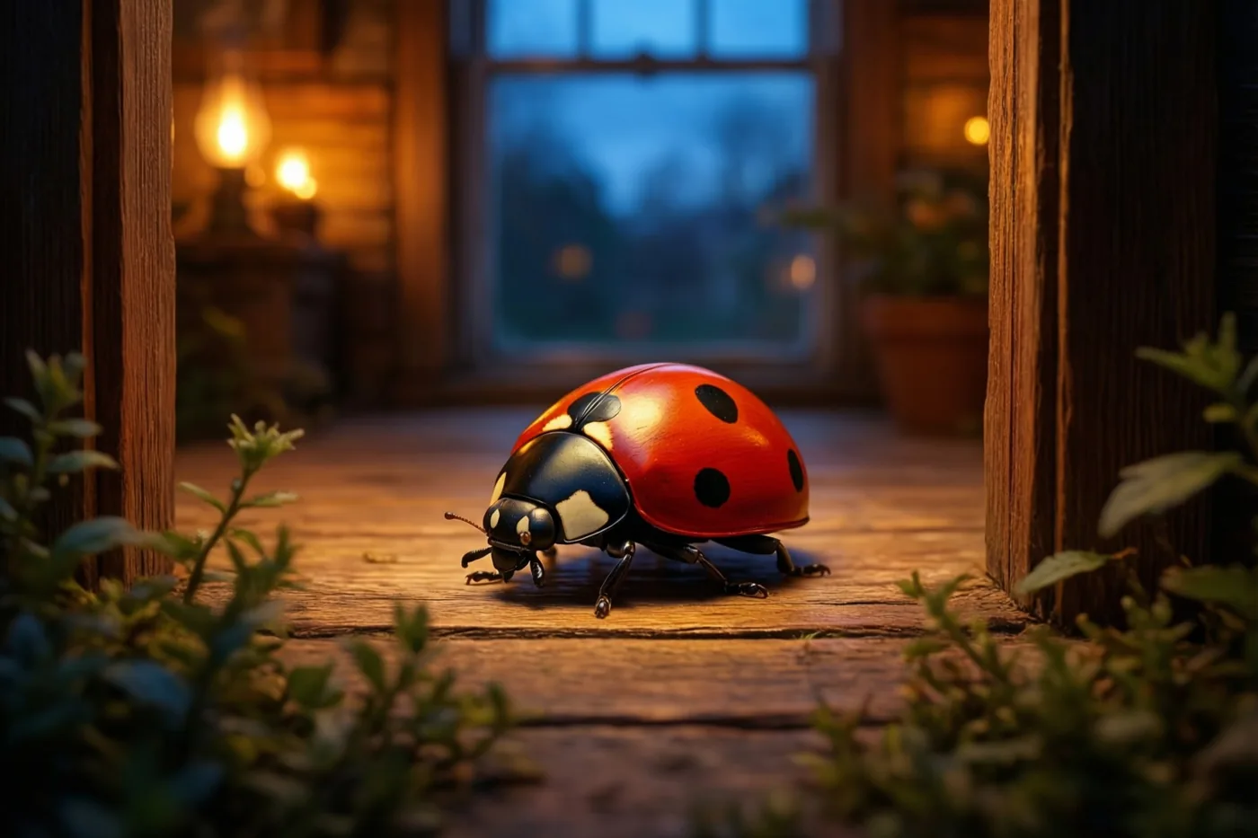 Een rood met zwart speelgoedlieveheersbeestje met witte markeringen kruipt over een houten vloer tussen houten deurposten, met onscherpe binnenverlichting en een raam op de achtergrond.