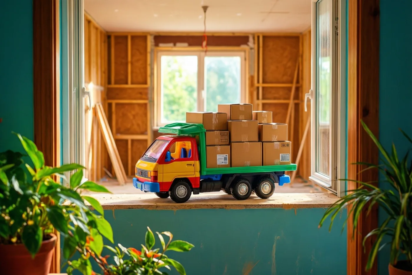 Een kleurrijke speelgoedvrachtwagen met dozen staat op een vensterbank bij een lege kamer met zichtbaar houten regelwerk en blauwgroene muren, met potplanten vooraan in het warme zonlicht.