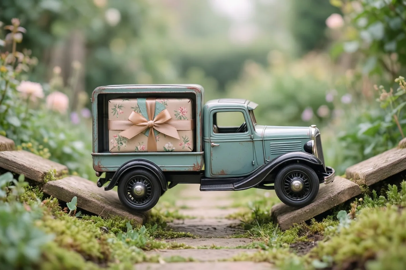 Een vintage blikken speelgoedbestelwagen met een ingepakt cadeau in de laadbak staat op een bemost pad in een weelderige groene tuin.