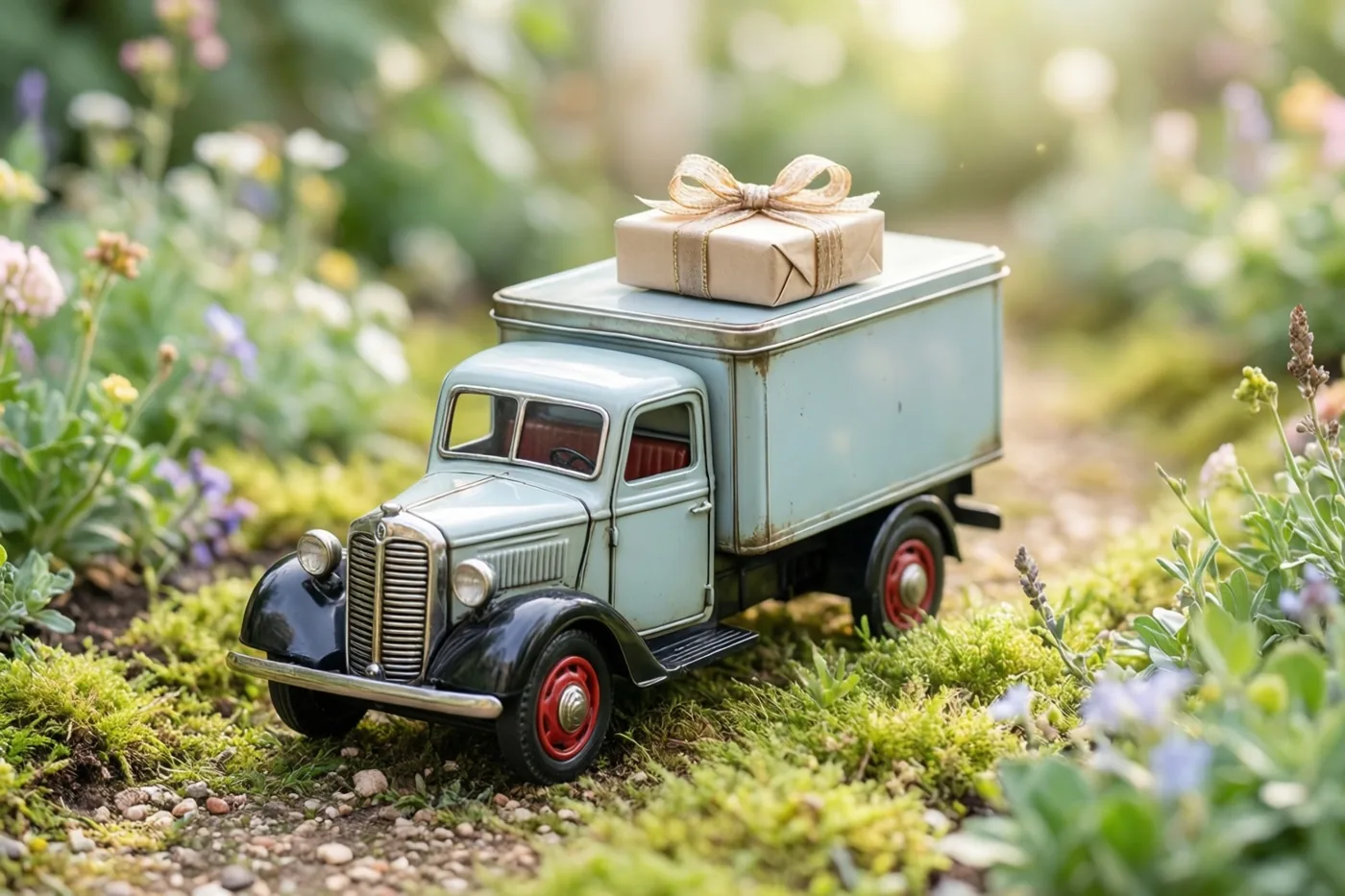 Een blikken speelgoedbestelwagen met rode wielen en een ingepakt cadeau met strik op het dak staat op een bemost tuinpad, met onscherpe bloemen op de achtergrond.