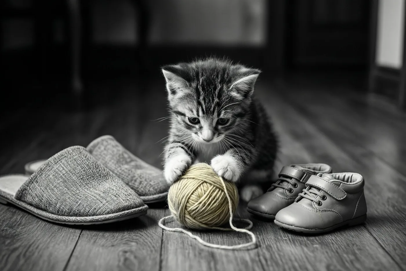 Een zwart-witfoto toont een klein gestreept katje dat met een bol garen speelt op een houten vloer tussen pantoffels voor volwassenen en peuterschoenen.